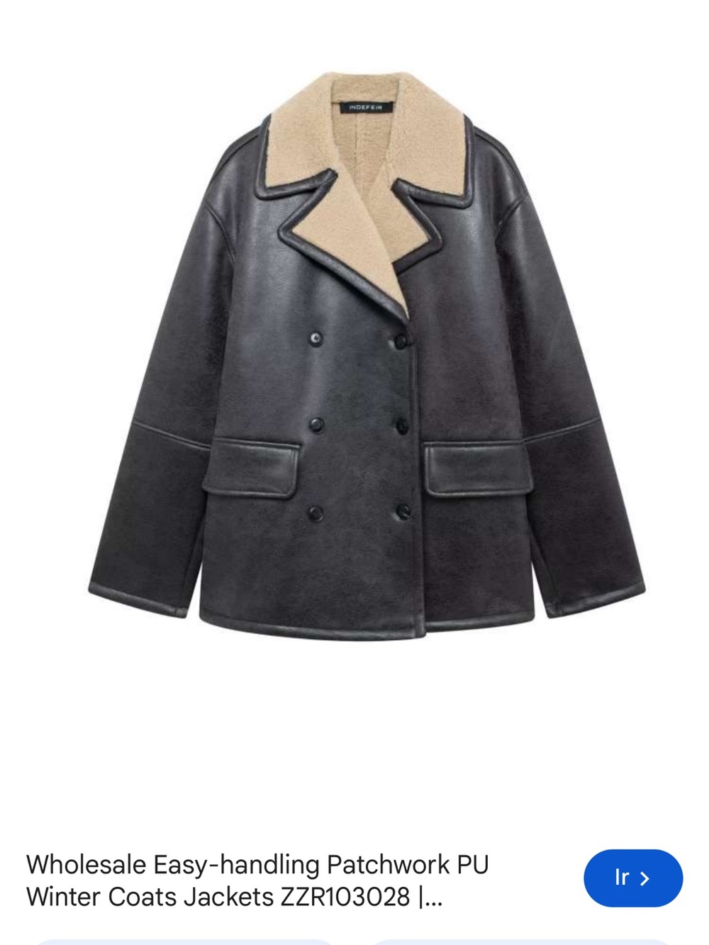 Zara Black Faux Leather Pea Coat with Cream Shearling Collar